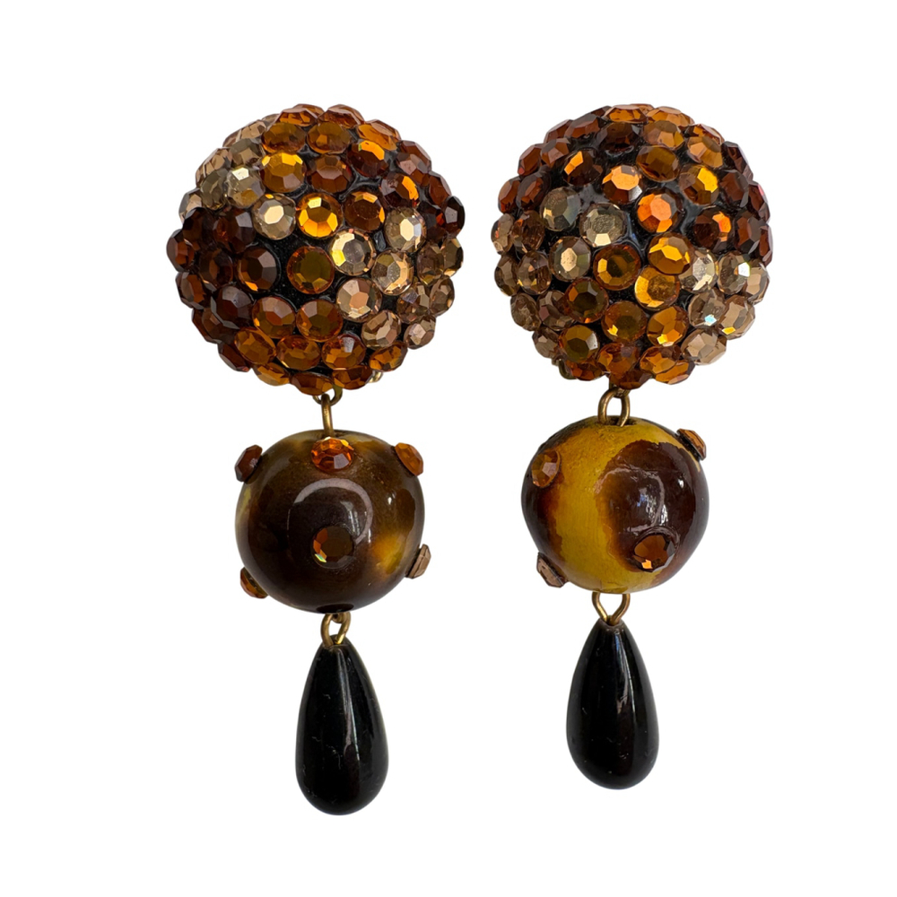VTG 80s Evening Brown Ombre Rhinestone Dangle Clip-on Earrings
